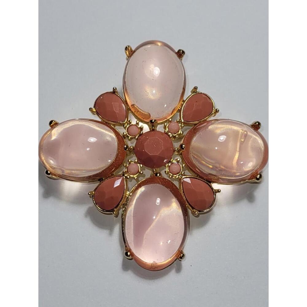 Vintage Style Pink Cabochon Brooch Pin Gold Tone Statement Jewelry Accessory - Picture 2 of 15